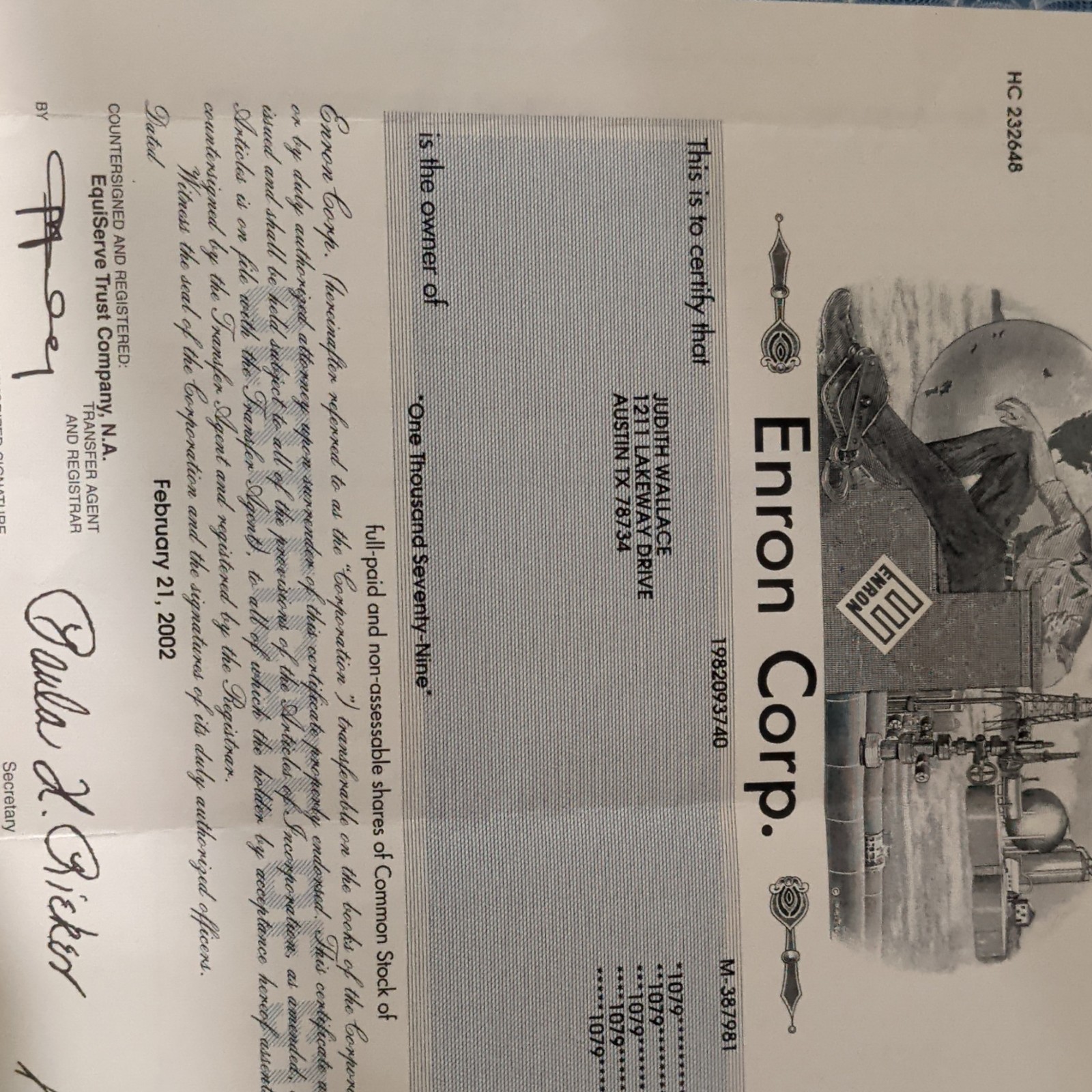 Enron Corp. Stock Certificate with Corporate Seal February 21, 2002