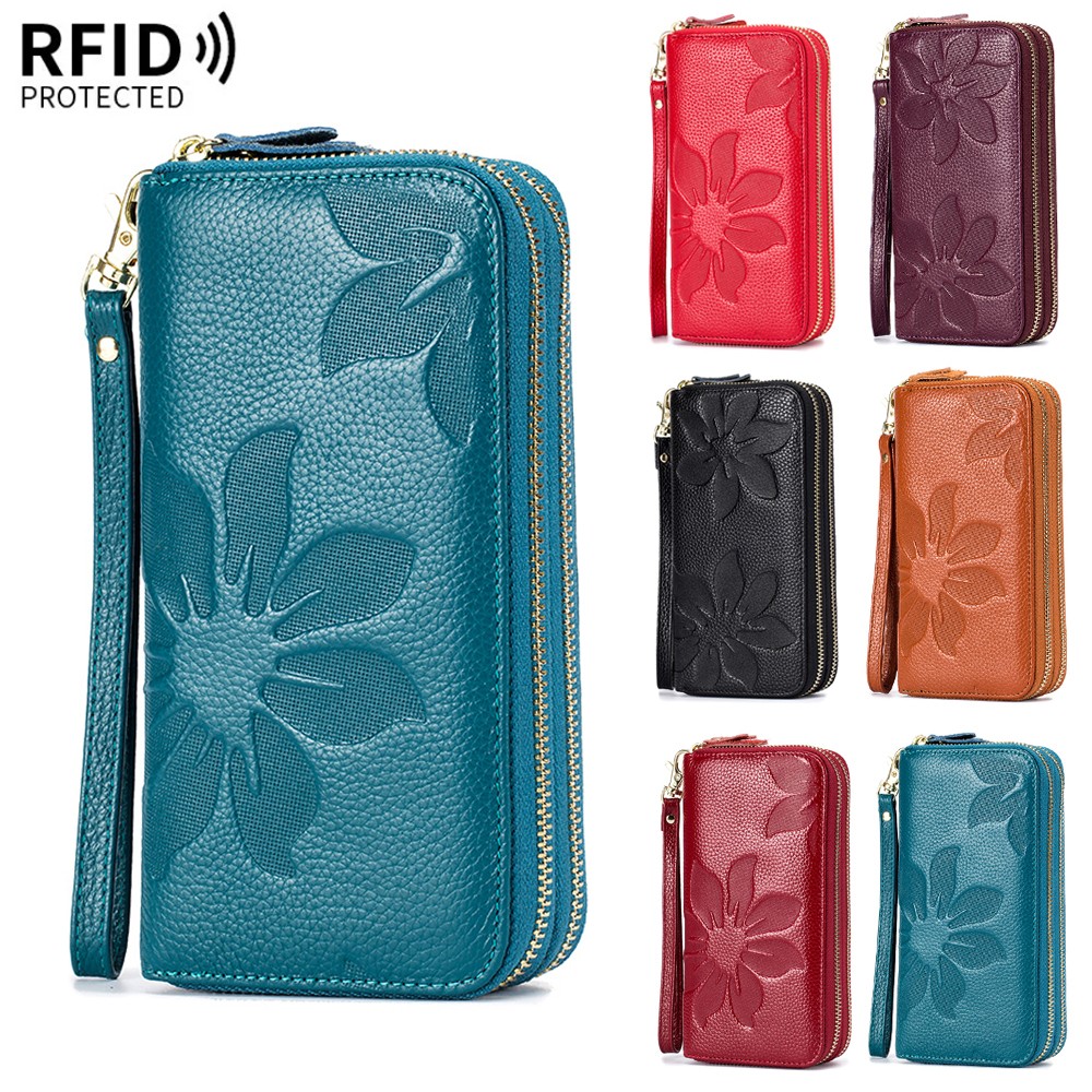 Genuine Leather Women's Wallet RFID Large Capacity Double Zip Card Phone Holder