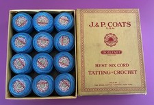 Vintage J P. Coats Tatting Thread Original Box 12-35 yd.Balls 69 LT. Steel Blue