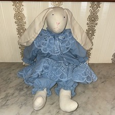 Grannycore Cottage Farmhouse Handmade Fabric Bunny Shelf Sitting Blue Dress Lace
