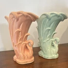 McCoy Pair Swan Vases, Pink & Blue Ceramic, 194, Impressed Backstamp