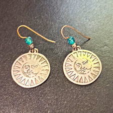 Signed Sun Face Round Disc Dangle Hook Earrin...