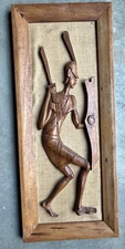 Hand Carved Wood Tribal Warrior Relief Wall Art Framed on Burlap Linen Panel
