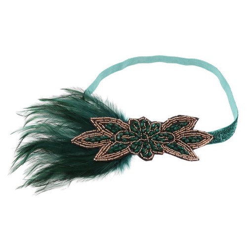 1920's Feather Fascinator Headband Deluxe Beaded Headpieces Green - Picture 2 of 7