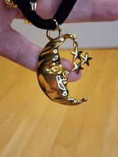 Cresent Moon Stars Pendant Necklace Gold Tone Pendant W/ Soft Black Cord 16"