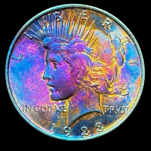 Peace Silver Dollar 1923 90% Silver Monster Rainbow Toning Uncirculated Details