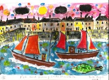 2022 woodcut "Fish and Fishing boats."By Bill Payne.Joan Gillchrest genre.