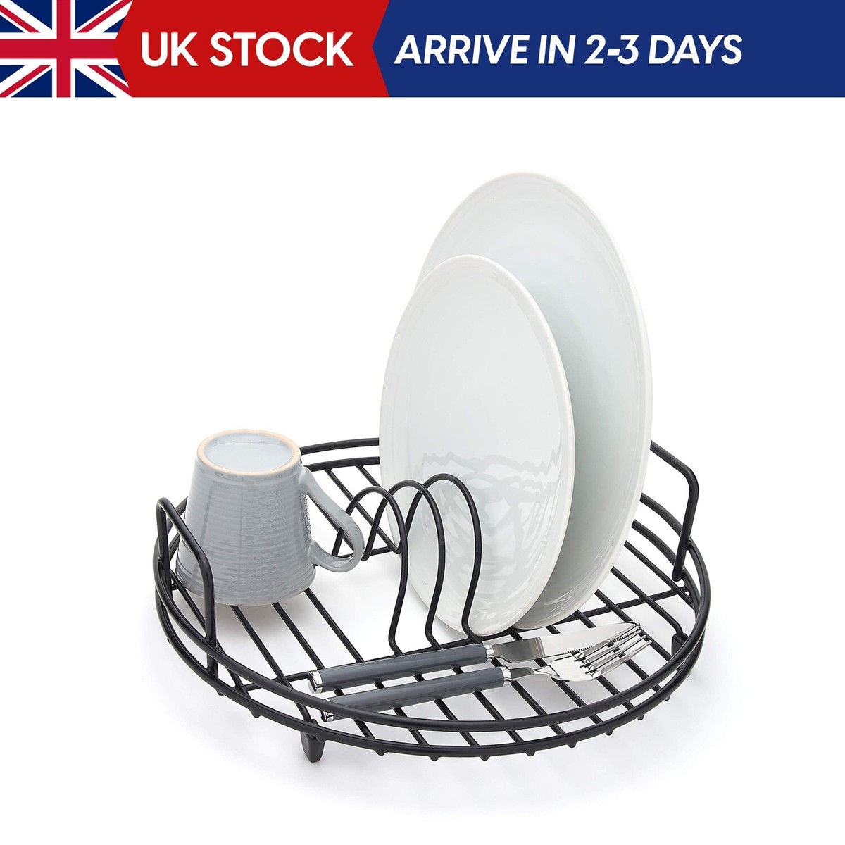 Circular Dish Drainer Round Sink Drying Rack Black Plastic Coated