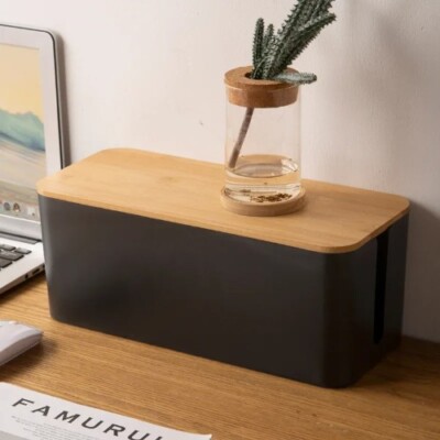 Creative Simple Wire Box Bamboo Wood Cover Cable Box Plug Board Storage Box