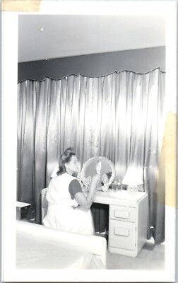1940s Woman Admiring Herself in Mirror With Deco Lamps & Drapes Vintage Photo