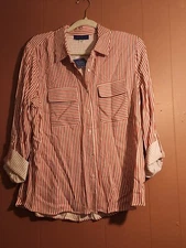 NWT SIMPLY STYLED Maroon and White Striped Button-Up Pocketed Shirt Sz L