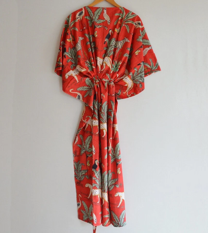 Indian Vintage 100% Cotton Long Beach Maxi Kaftan Dress One Size Caftan Kimono - Image 2 of 4