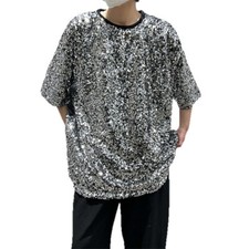 Hot Men Sequin Disco Shirts Short Sleeve T Shirt Sparkly Glitter Party Tee Tops