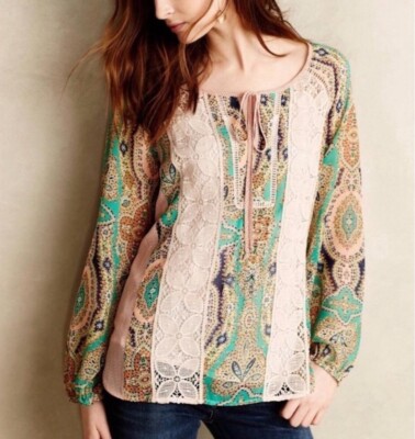 Anthropologie Meadow Rue Giada Peasant Top Floral Crochet Boho Blouse Size Med