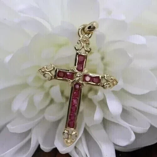 2.00CT Round Cut Lab-Created Ruby Cross Pendant Necklaces 14k Yellow Gold Plated - Picture 4 of 6