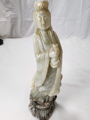 Carved Qing Guan Yin in Green Soapstone - Period Made 20th