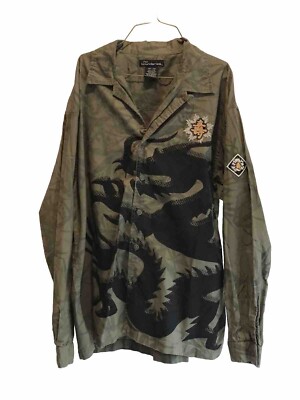 No Boundaries Long Sleeve Shirt Mens L Army Green Dragon Print Button Up 