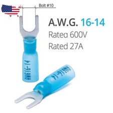 50 16-14 AWG 10 BLUE HEAT SHRINK FORK SPADE TERMINAL ELECTRICAL CONNECTOR