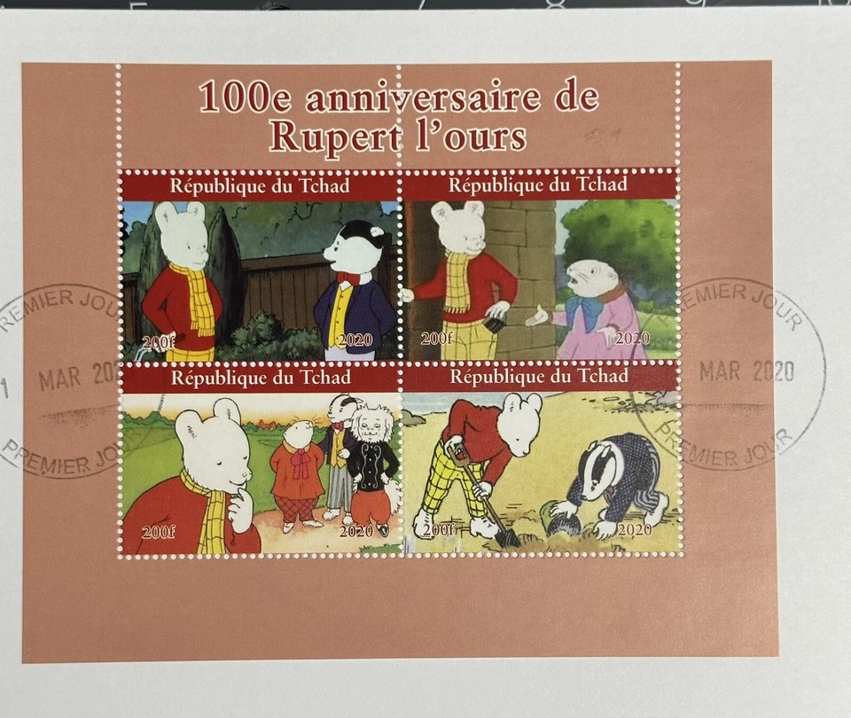 Chad 2020 Comics (2 LARGE FDC + SS) Rupert Bear Badger Cartoons (Perf. + Imperf) - Image 3 of 3