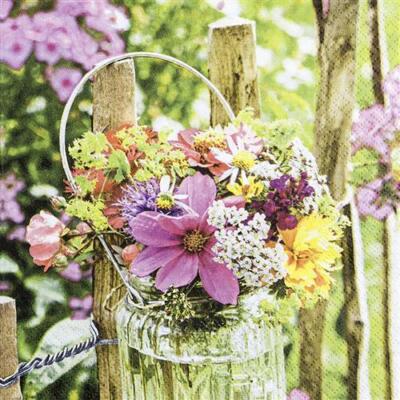 20 Servietten Blooming Fence Blumen Vase Zaun Sommer Natur Tischdeko 33x33cm