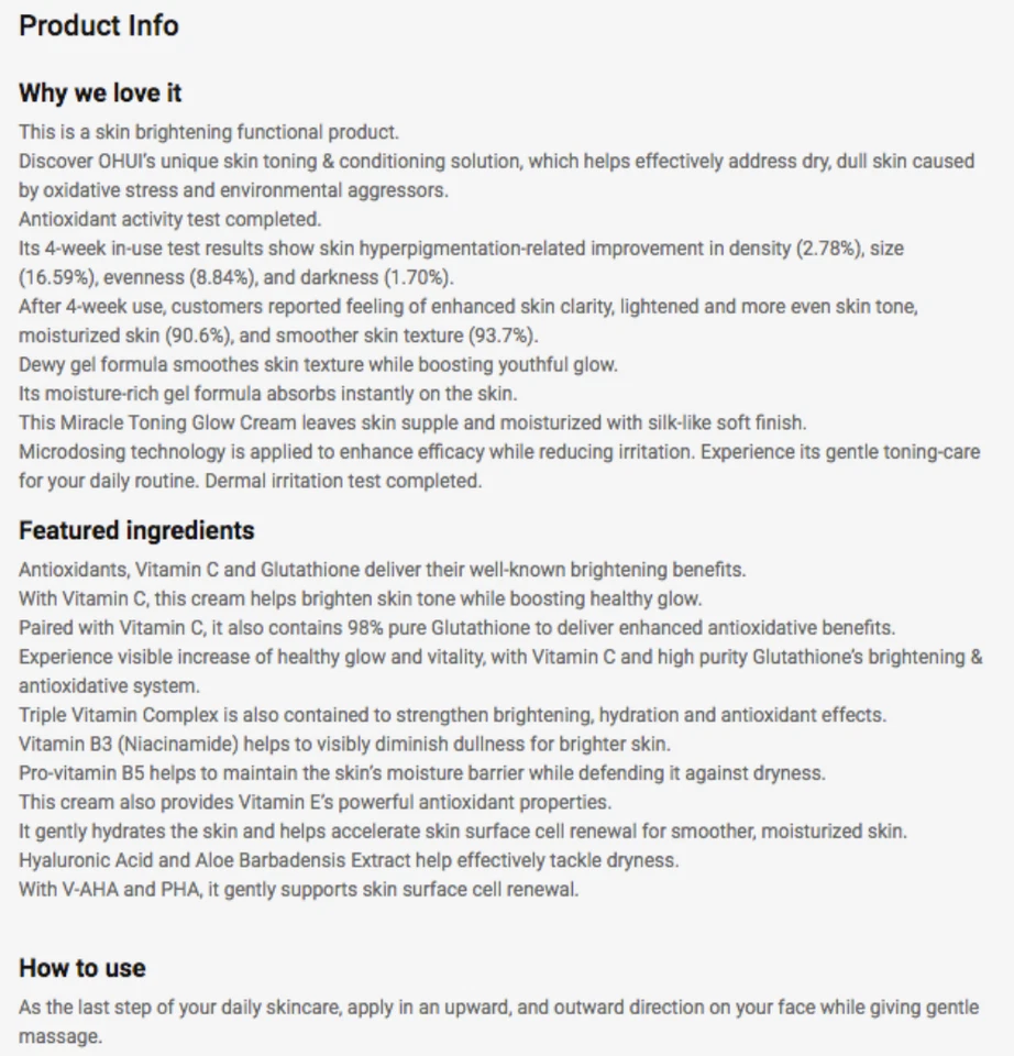 OHUI Miracle Toning Glow Cream 60 ml K-Beauty Foto 2 de 2