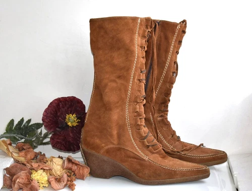 Vtg PIA PAO Size 39 Womens Suede Copper Brown Color Boots Shoes Italy Italian 