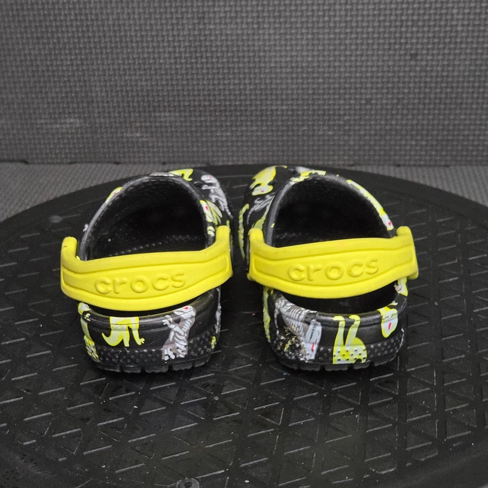 Crocs Classic Clogs Toddler Sz 4 Black Yellow Raptor Print Rubber Slip On Shoes - Image 4 of 4