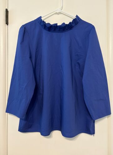 Talbots Women's Ruffle-Neck Back-Bow Popover Shirt Top Blouse XL Blue NWT