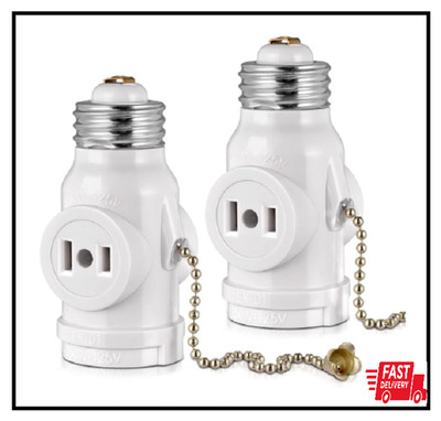 2 Outlet Light Socket Adapter with Pull Chain Switch White Medium Screw 2 Pack