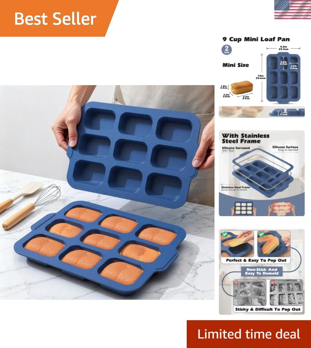 9-Cavity Silicone Mini Loaf Pans Set - Nonstick Baking Tray for Homemade Treats