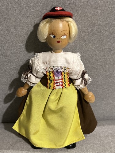 Vintage Polish Wooden Peg Doll Folk Art Hand Painted Made in Poland 7 Inches