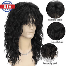Men  s 80s Black Mullet Wigs Punk Heavy Metal Long Curly Rocker Male Hair Wig USA