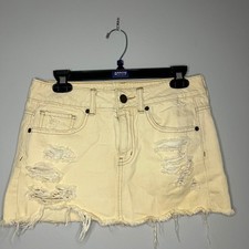 American Eagle Distressed Denim Mini Micro Skirt Size 6 Cream Vintage Y2K Cotton