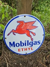 VINTAGE MOBILGAS ETHYL PORCELAIN SIGN DEALERSHIP GAS STATION MOBIL MOTOR OIL 12"