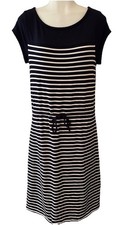 T By Talbots SZ M Navy White Striped Short Sleeve Dress Drawstring Waist Pockets