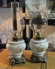 Pair Vintage 17” Hurricane Oil Lamps Milk Glass Floral P&A Eagle L&L WMC