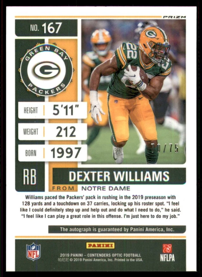 2019 Panini Contenders Optic Blue #167 Dexter Williams Autograph /75 - Image 2 of 2