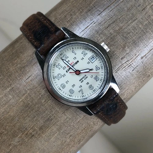 Vtg Timex Expedition Women Dress Date Indiglo Leather Quartz 26mm Watch 7 1/4"