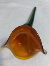 Calla Lily 6  Art Glass Hand Blown Orange  Yellow Short Green Stem Flower