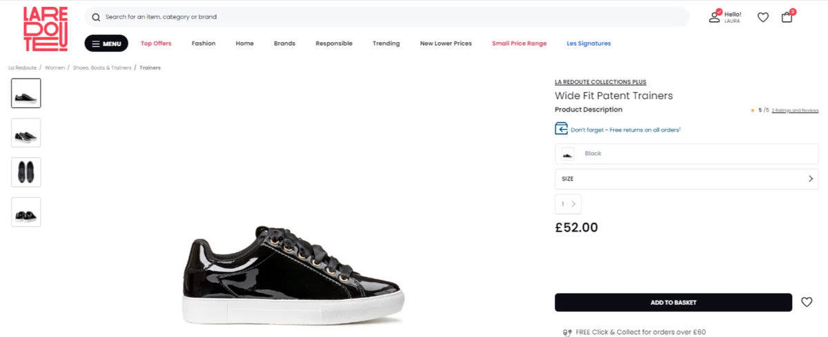 La Redoute Wide Fit Patent Trainers UK 5.5 EU 39 Shiny Black Ribbon Lace RRP 52