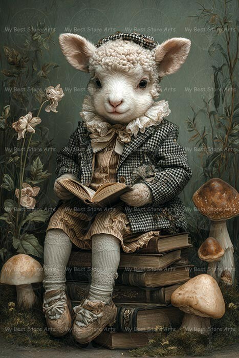 IMPRESIÓN DE ARTE DE OVEJA BOOKISH, póster de cordero, decoración de fantasía animal victoriano Cottagecore