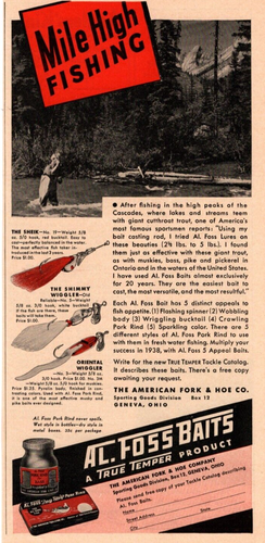1938 AL. ANNUNCIO ESCA PESCA FOSSILE, ATTREZZATURA DA PESCA TRUE TEMPER, ESCA, ANNUNCIO STAMPA VINTAGE - Foto 1 di 2