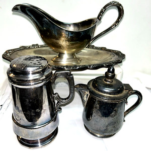 Vintage Silver Plate Lot Fancy Gravy Boat, Sugar Shaker, Diner Creamer