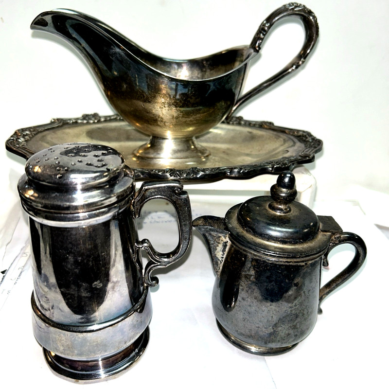 Vintage Silver Plate Lot Fancy Gravy Boat, Sugar Shaker, Diner Creamer