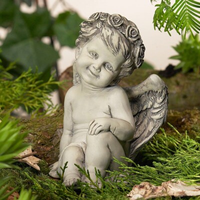Rosenengel Milo Engelsfigur Putte Gartenfigur Dekofigur Balkon Garten Grab