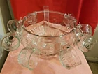 Vtg JEANNETTE Crystal/Fruit Glass Punch Bowl, 8 cups/S Hooks & Ladle Set Of 18