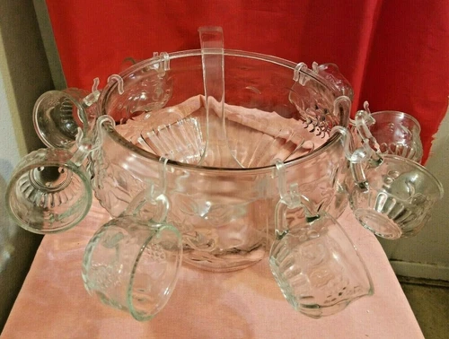Vtg JEANNETTE Crystal/Fruit Glass Punch Bowl, 8 cups/S Hooks & Ladle Set Of 18