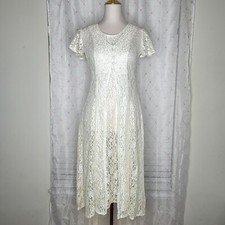 Vtg 80s 90s Cream Sheer Lace  Sheath Maxi Dress Romantic Timeless