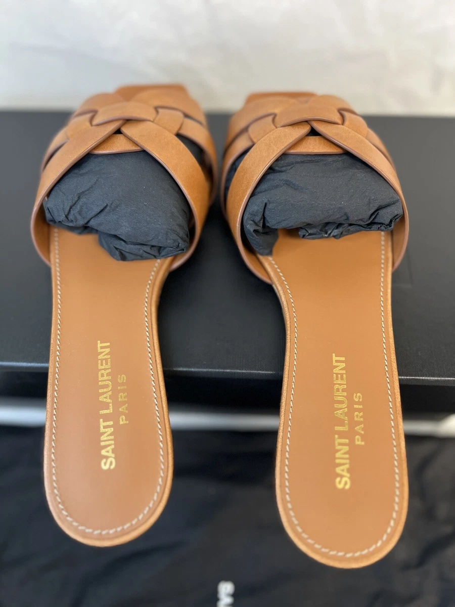 Saint Laurent Tribute Nu Pieds Leather On Slide Sandal, Flat, Ambra, 37 eBay