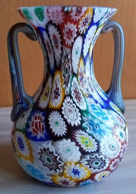FRATELLI TOSO Multicolored, Millefiori, Murano, 2 Handled, Art Vase, Antique